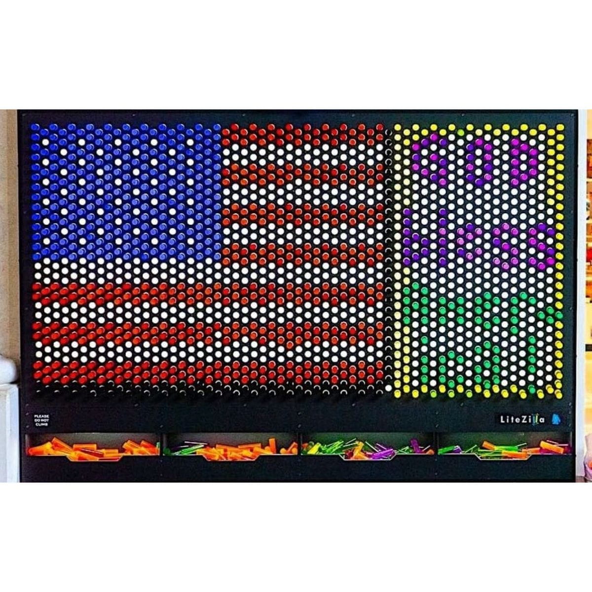American Flag design on the 8x5 LiteZilla Giant Light Wall with God Bless America spelled out