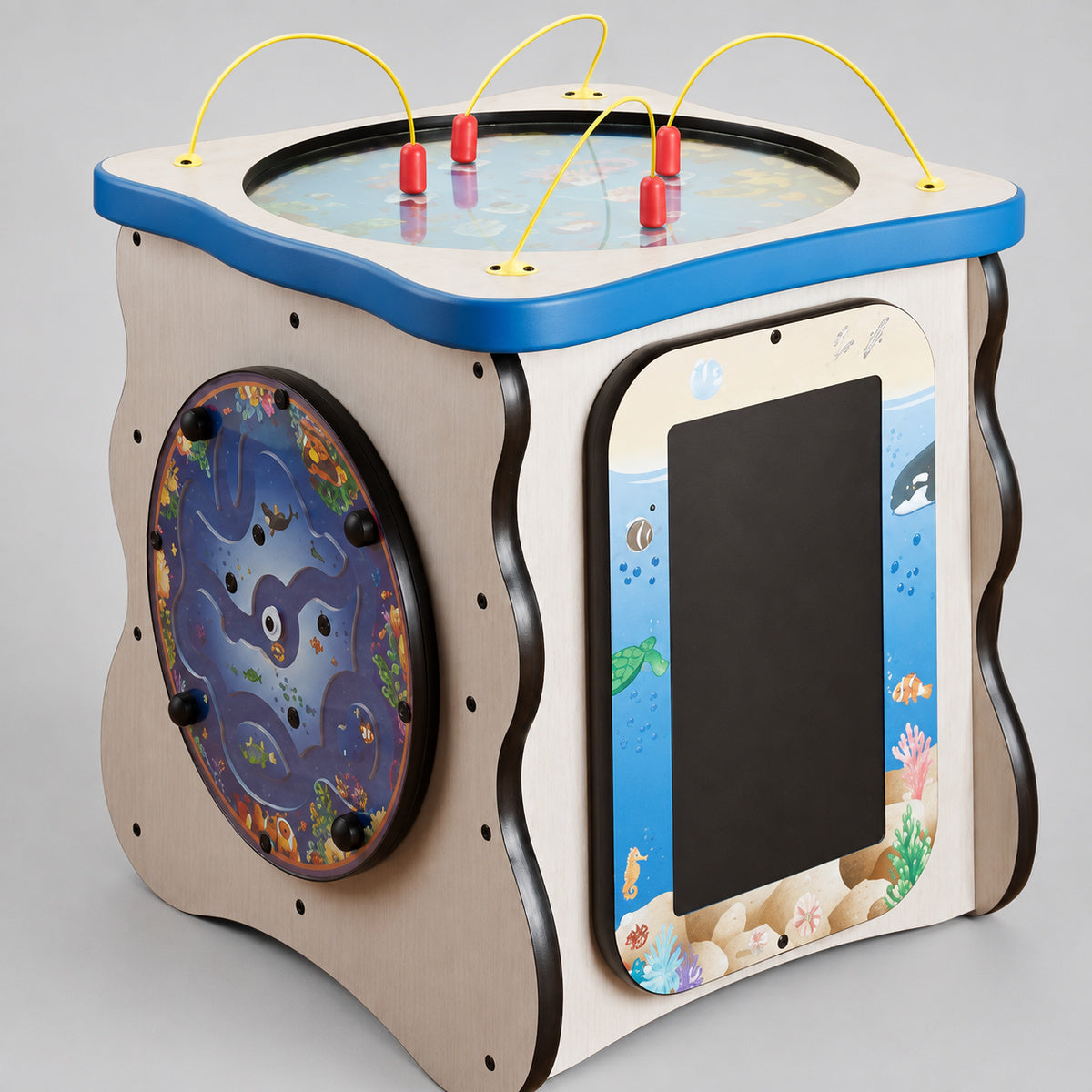 Angled view of two sides of Seascape Activity Island Play Cube