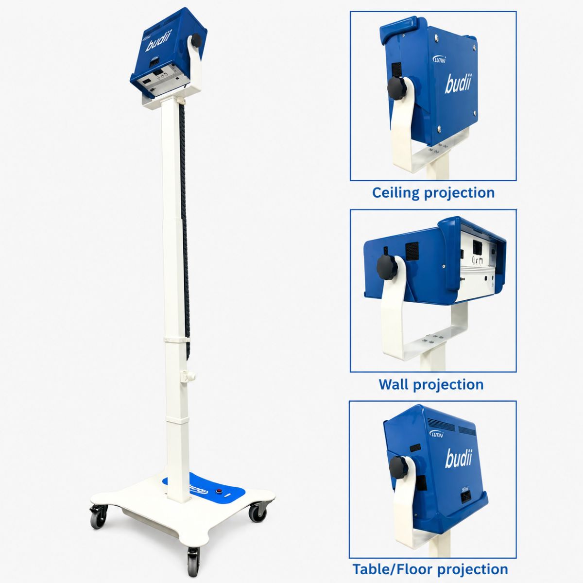 Budii Interactive Projector on stand with different projection options