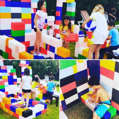 Children building the EverBlock Modular Building Blocks in three different images