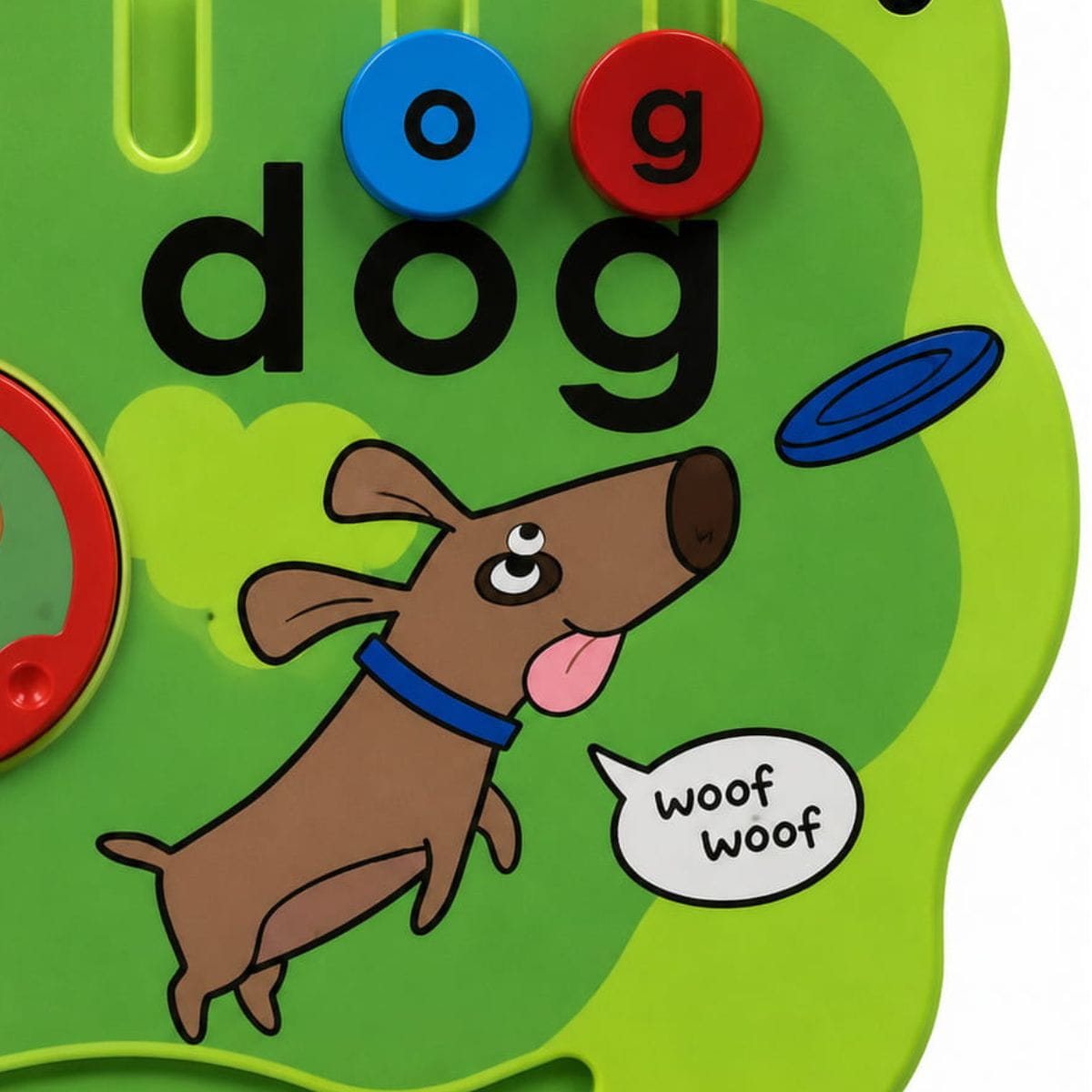 Closeup of the dog with tongue out on the Alphabet Tree Sensory Wall Panel