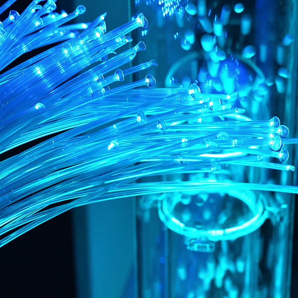 Closeup of Fiber Optic Tails in blue for the TFH Vecta Jr Mobile Sensory Cart