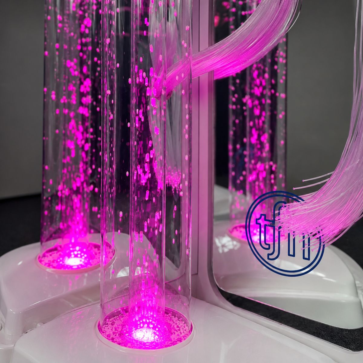 Closeup of pink bubble tube and tails on the Vecta Delight Mobile Sensory Station