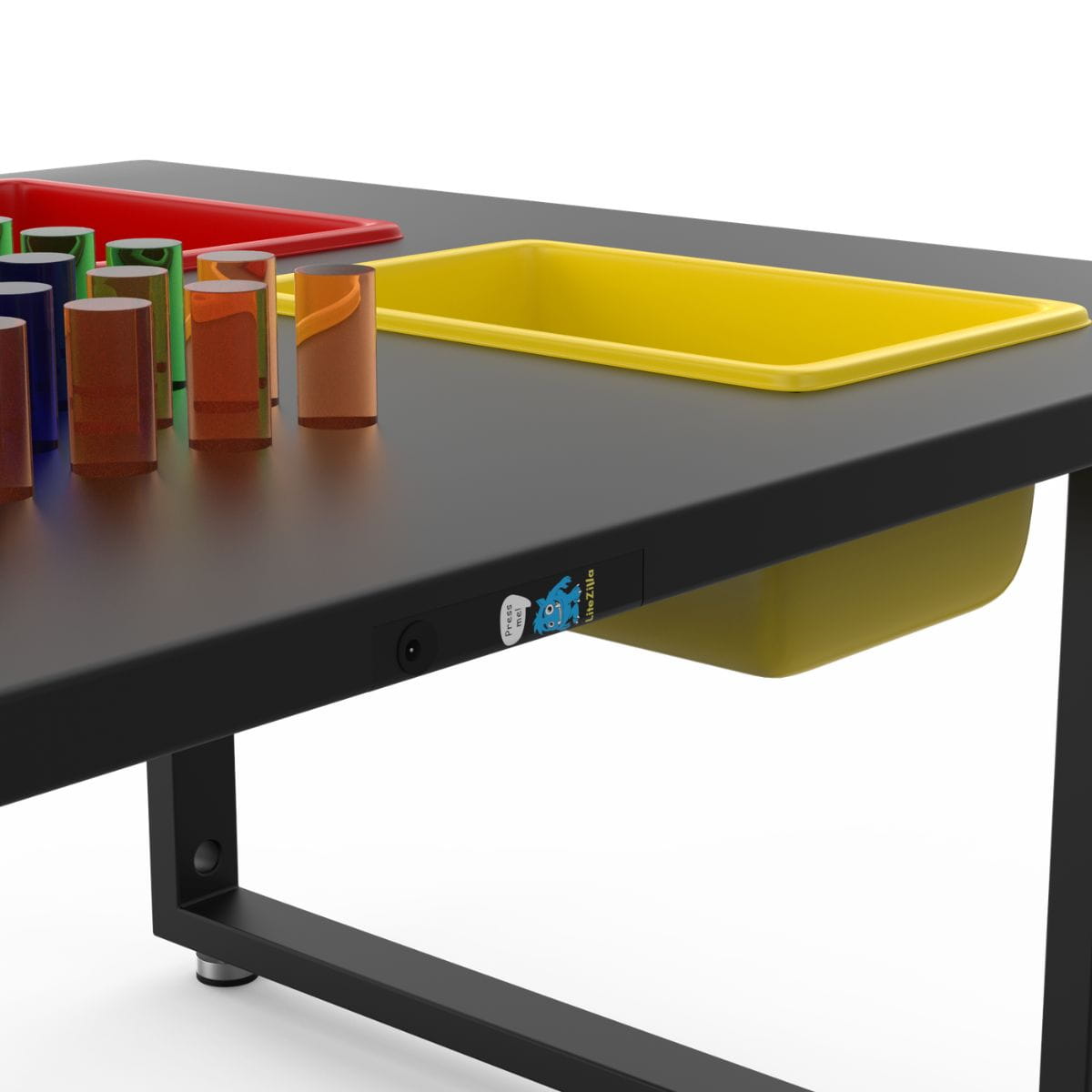 Closeup view of LitePins and power button on the IllumiTable Light Bright Table 