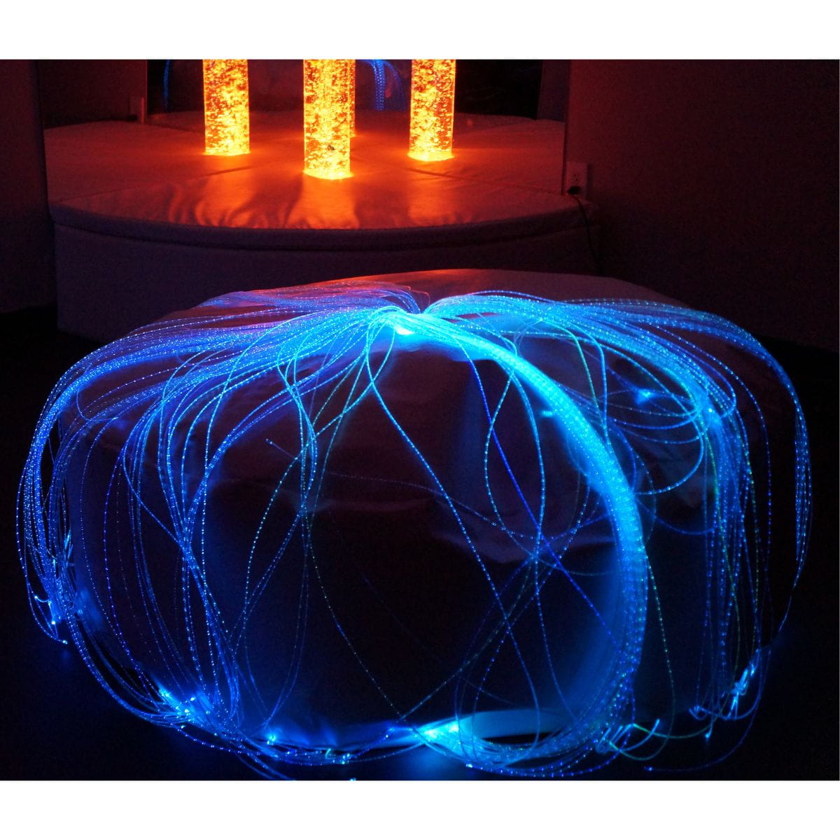 Closeup view of fiber optic softie bean bag and bubble tube included Underwater Adventures Sensory Room
