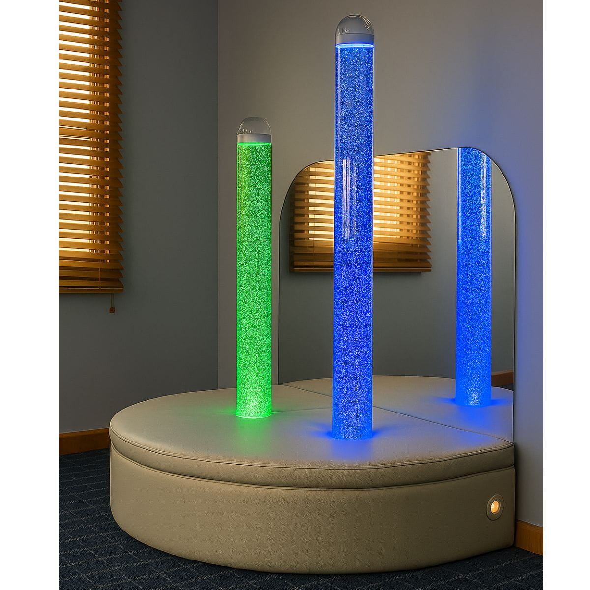 Double Bubble Tube Sensory Room Platform with 60 inch tube in green and 80 inch tube in blue 