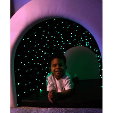 Experia Tranquility Fiber Optic Sensory Tunnel with kid smiling in it with the LED lights all around them