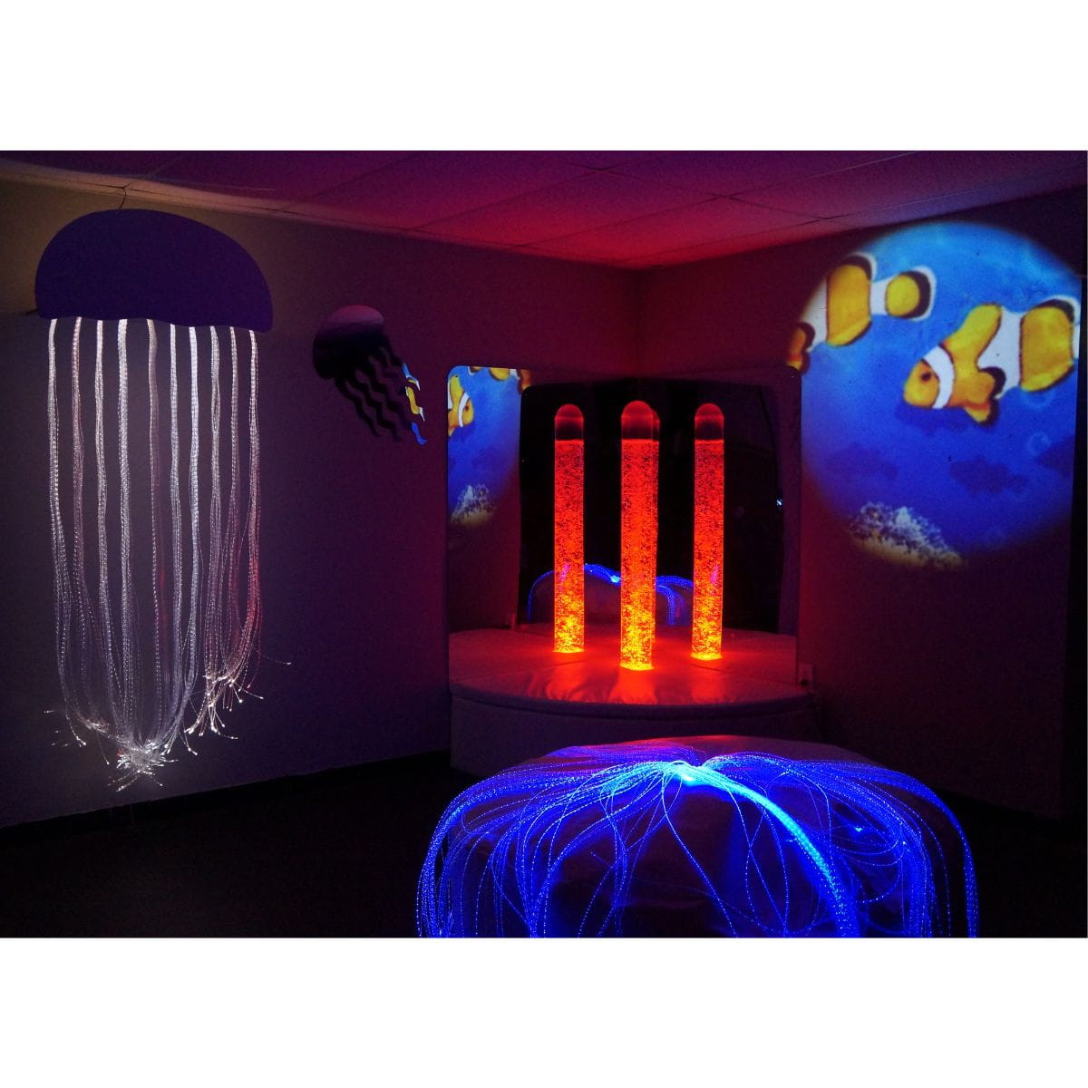 Experia Underwater Adventures Sensory Room Package with bubble tube in red and fiber optics in blue and white