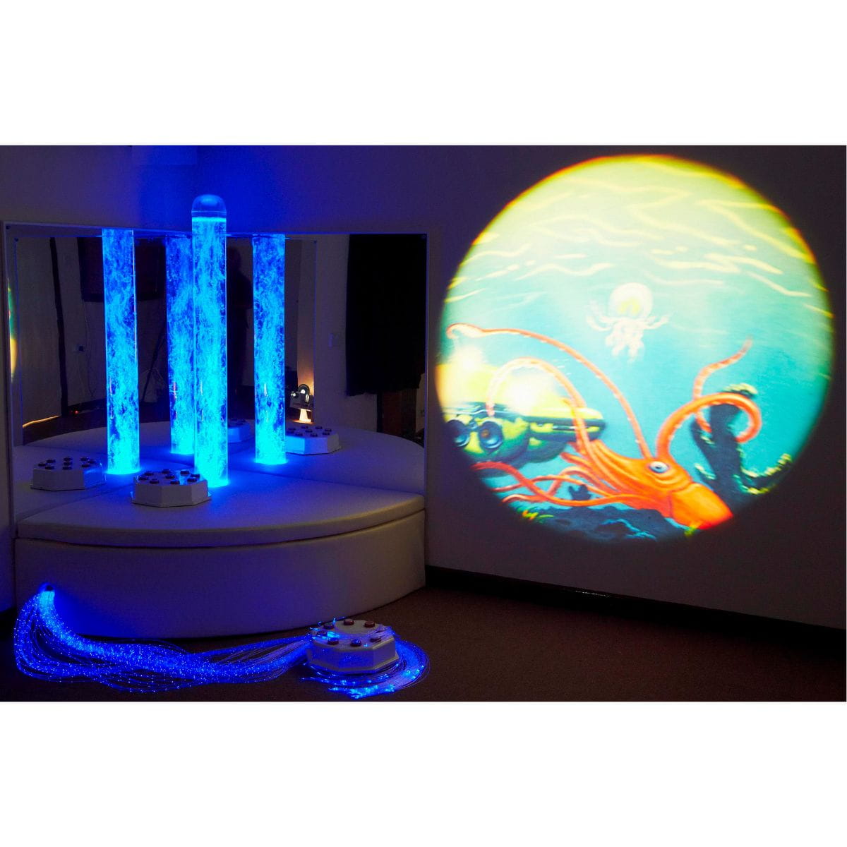 Experia Sensory Corner bundle with octopus under the sea on wall from Aurora LED projector and bubble tube and Fiber optics in blue
