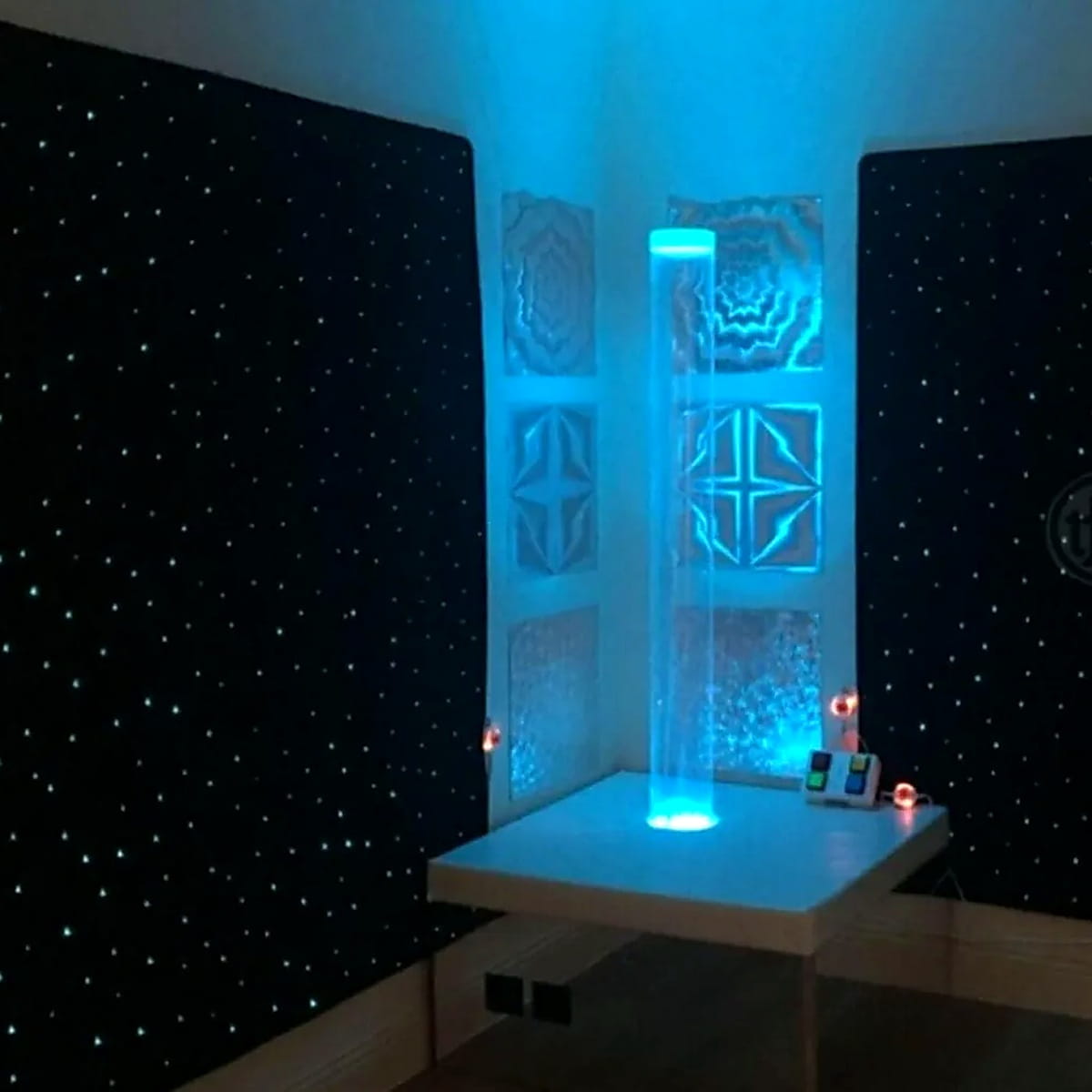 Fiber Optic Starfield Carpet on two walls with a bubble tube between them