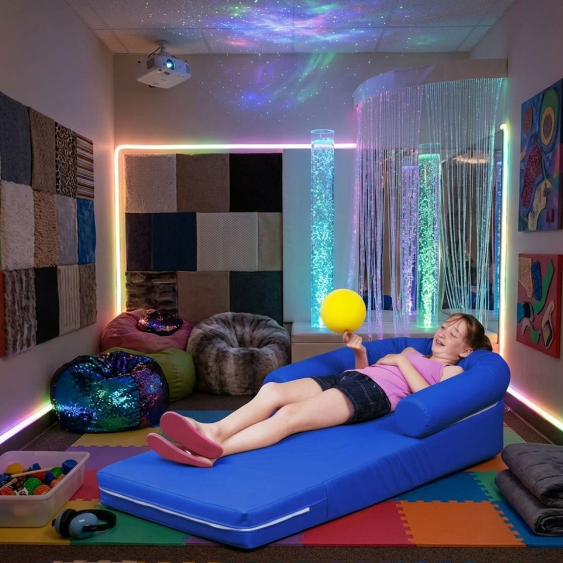 Girl lounging in the Vibroacoustic Long Lounger with other sensory items around her