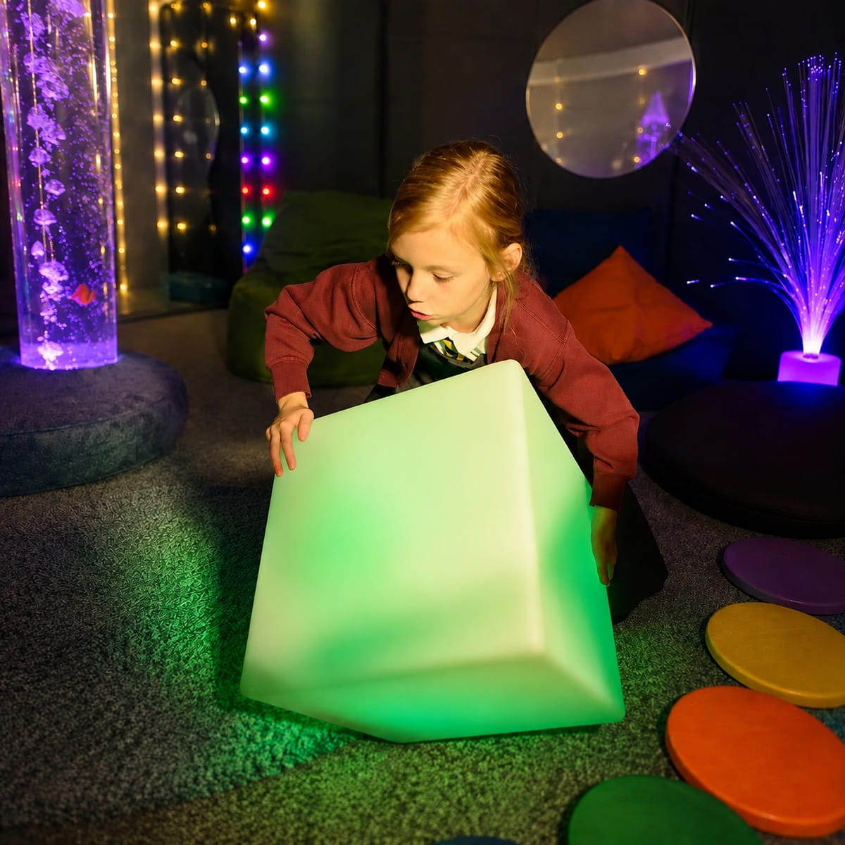 Girl moving the green LED Mood Square