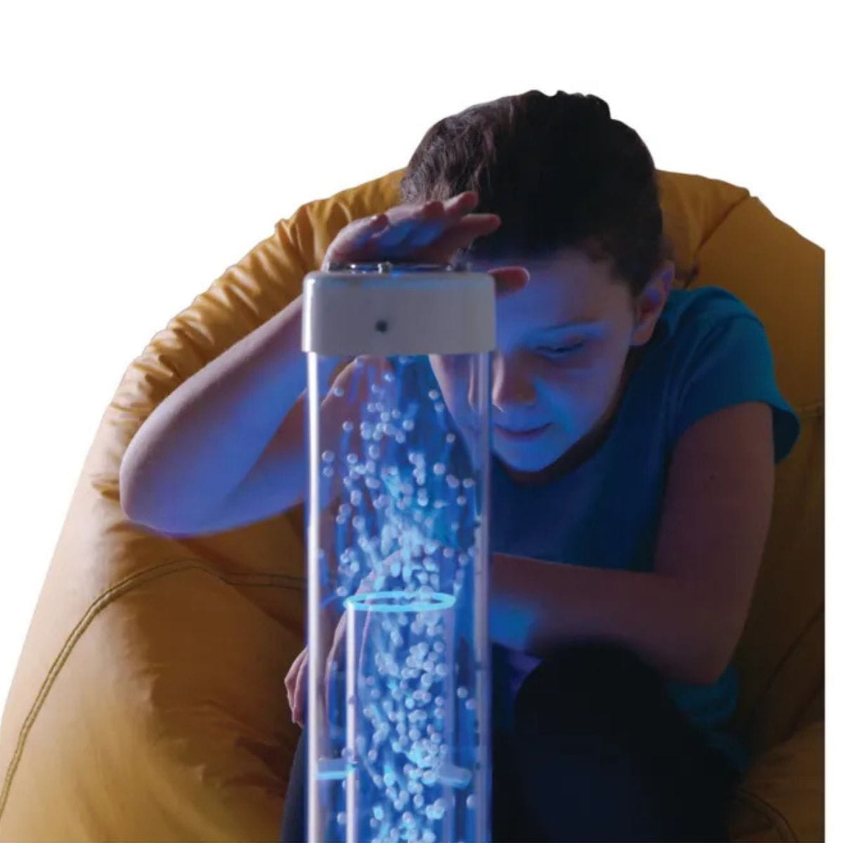 Hand of kid on top of the Tabletop Hurricane Tube