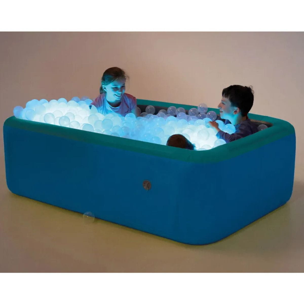 Illuminated Inflatable Ball Pit has two kids playing with the illuminated balls in it