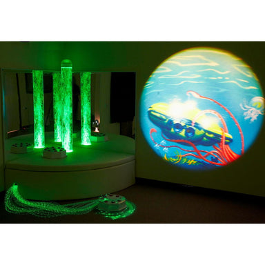 Image of submarine under the sea on wall from Aurora LED projector with bubble tube and Fiber optics lit up in green color that all comes with Experia Sensory Corner bundle 