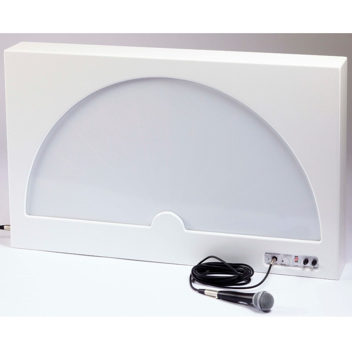 Interactive LED Fanlite Panel with blank white screen and microphone next to it