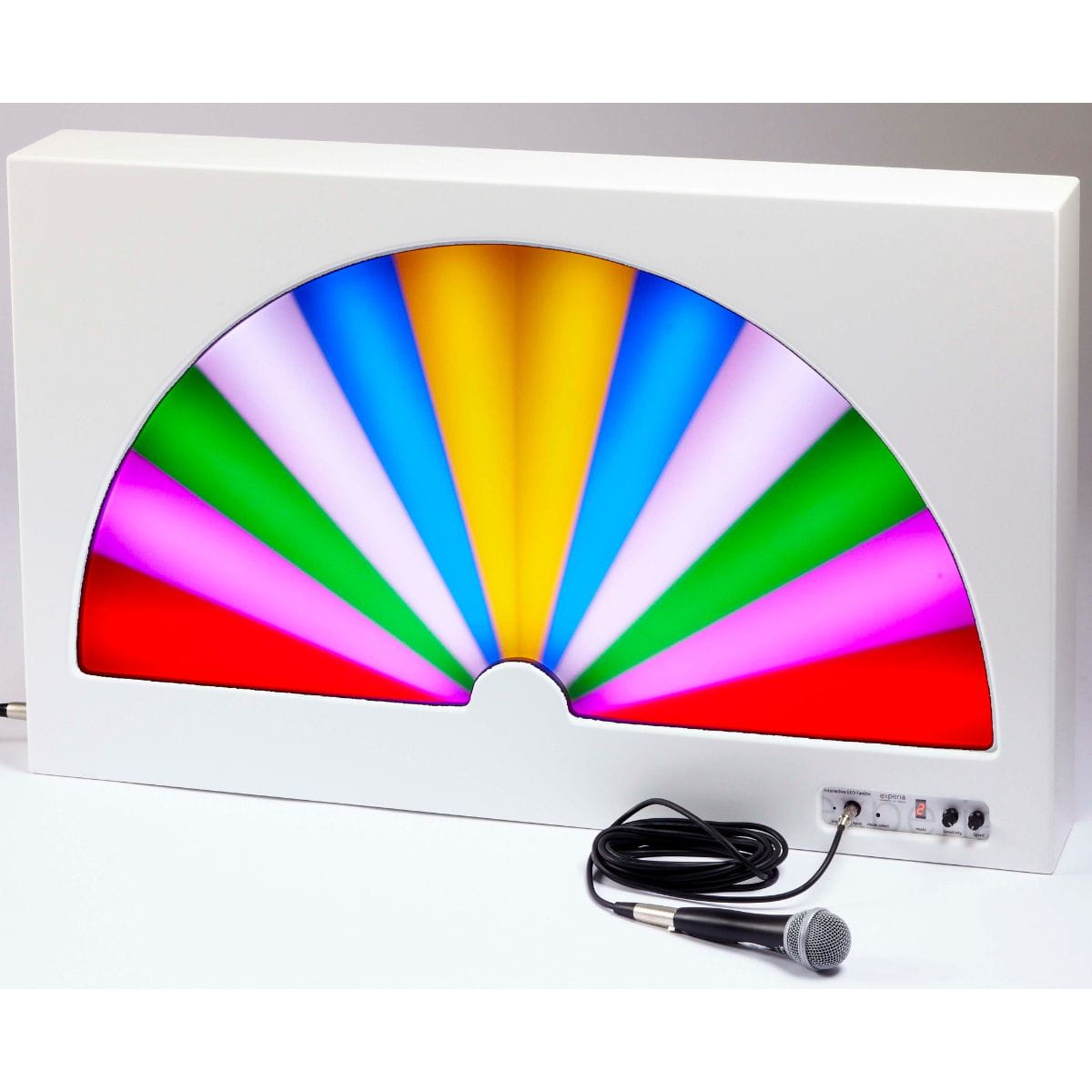 Interactive LED Fanlite Sensory Panel fully lit up with colors with microphone plugged into it
