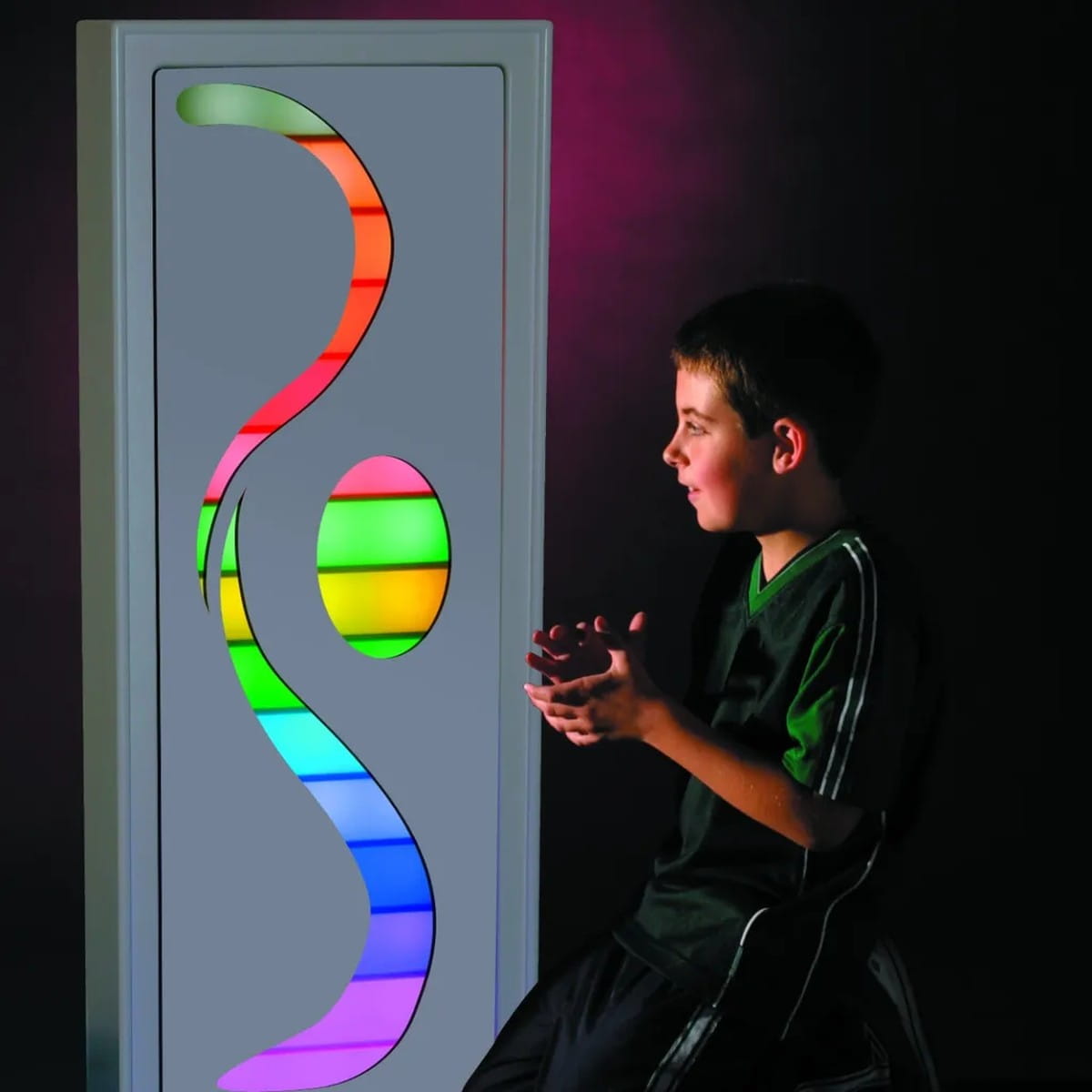 Kid Viewing the Sensory Ladder Lights Wave Stripe Panel