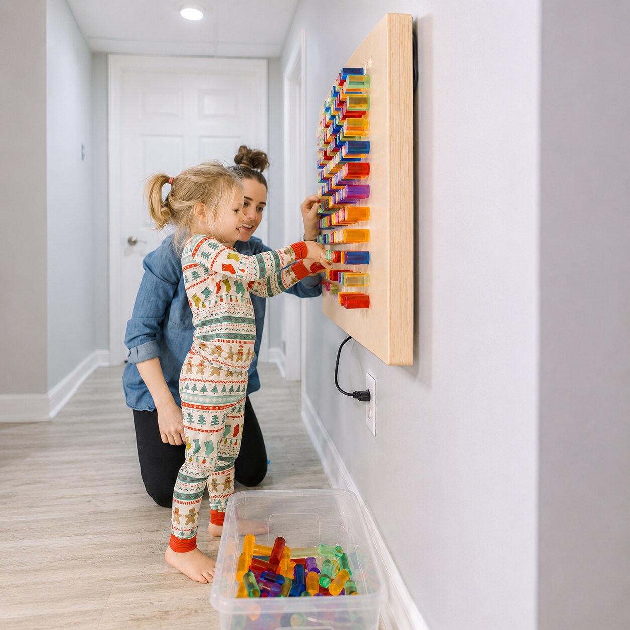Kid playing with the LiteZilla Mini on wall with mom next to them