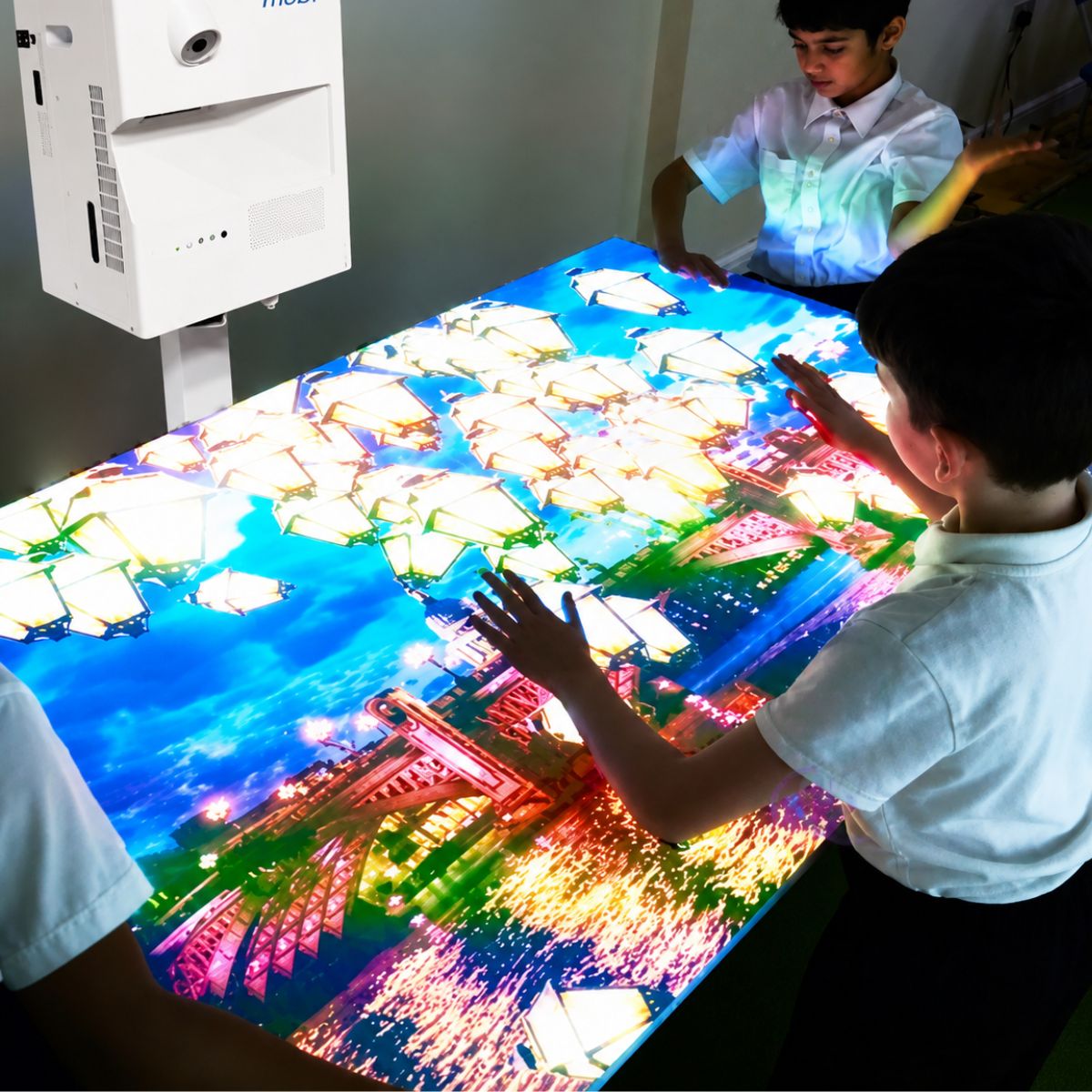 Kids playing with image from omiVista Mobii Interactive Projector