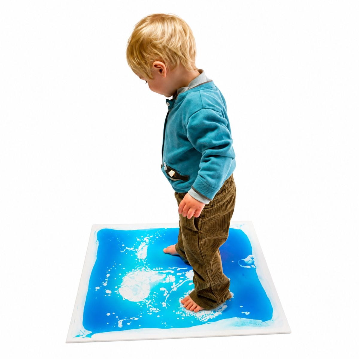 Kid stepping on one Large Square Liquid Sensory Floor Tiles