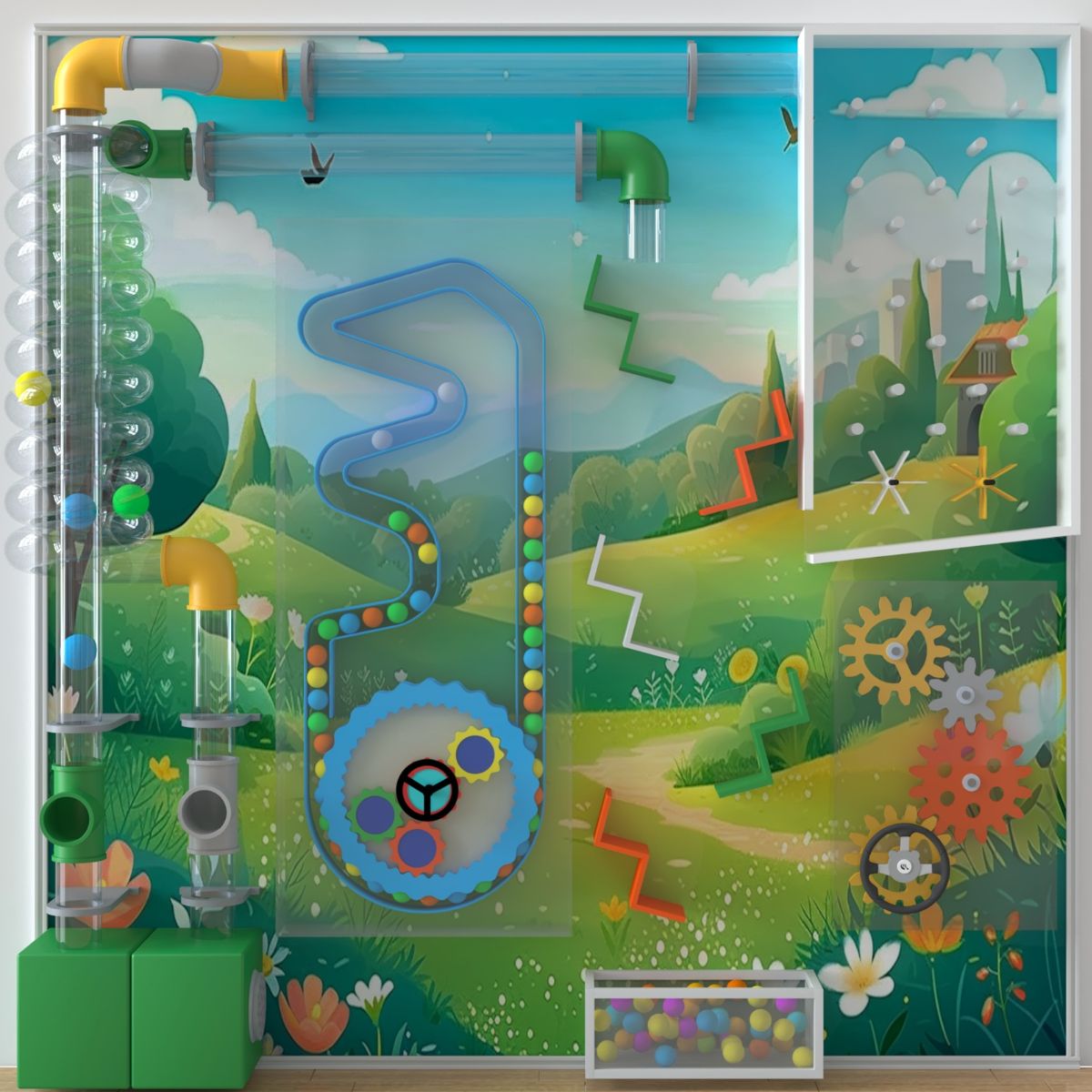 LiteZilla Ultimate Ball Launcher with a outside scene of trees and hills and flowers