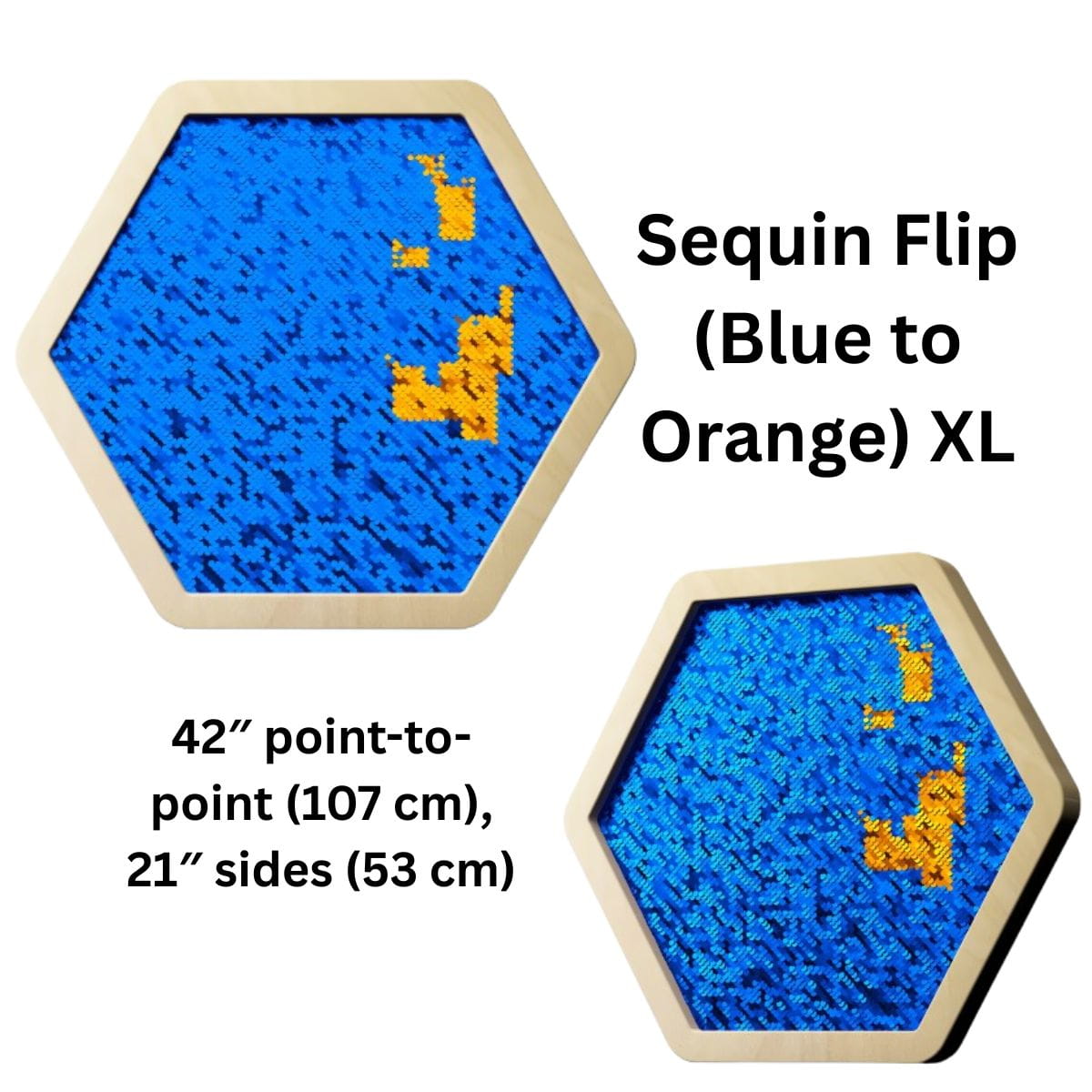 LiteZilla Multi-Sensory Hexagon Panel Sequin Flip (Blue to Orange) XL 42 inch Front View and Sideview
