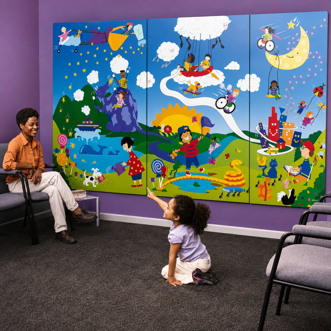 Mother and daughter enjoying the Harmony Park Kids Themed Wall Mural in a waiting room