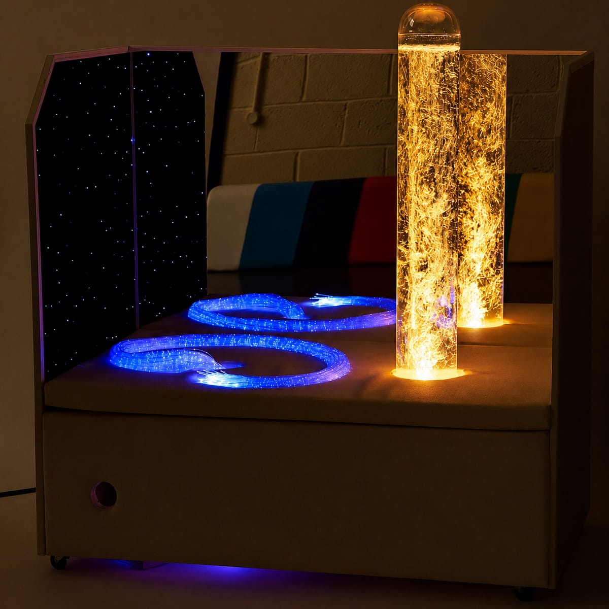 Portable Sensory Room Corner with bubble tube fiber optic strands and mirror