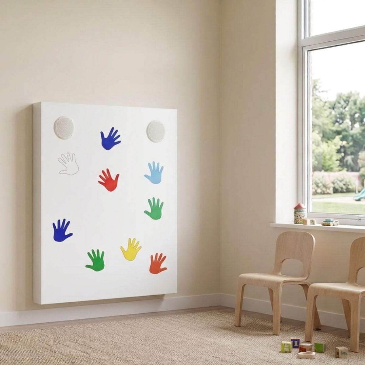 Sensory Sound Wall Panel mounted on wall next to a window and chairs