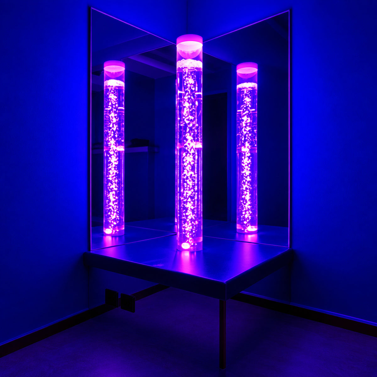 Square Corner Tube Podium with tube showing pink in the dark