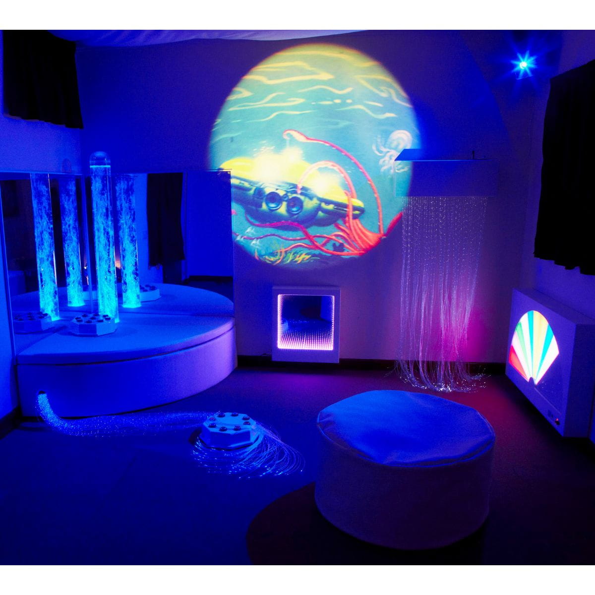 Superactive Sensory Room Bundle with room dark and blue light shining