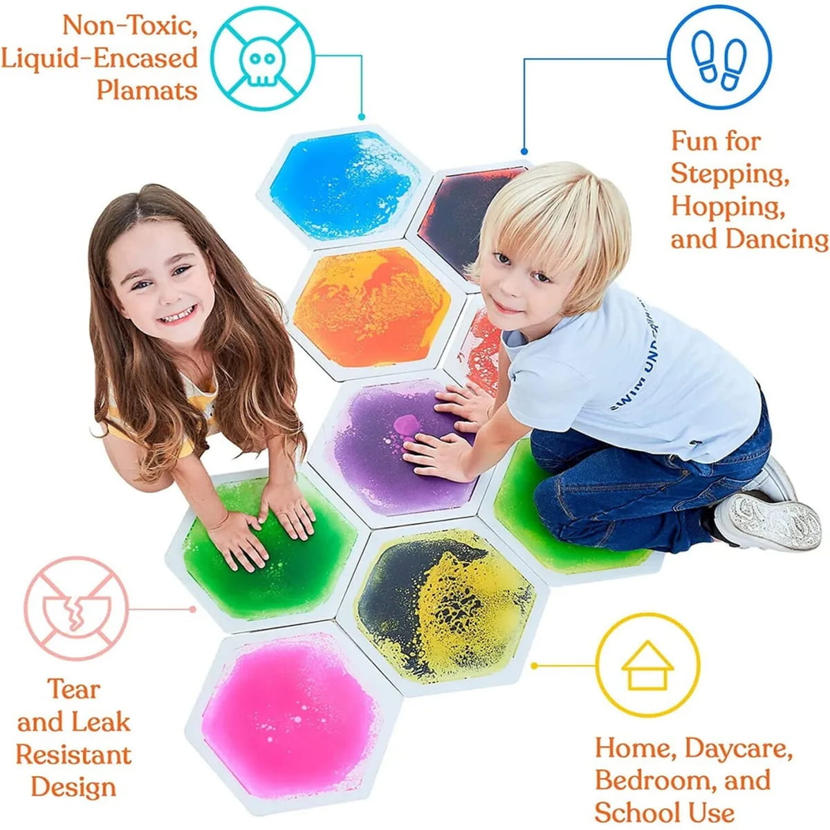 TFH Hexagon Liquid Sensory Floor Tiles Features with two kids smiling on them