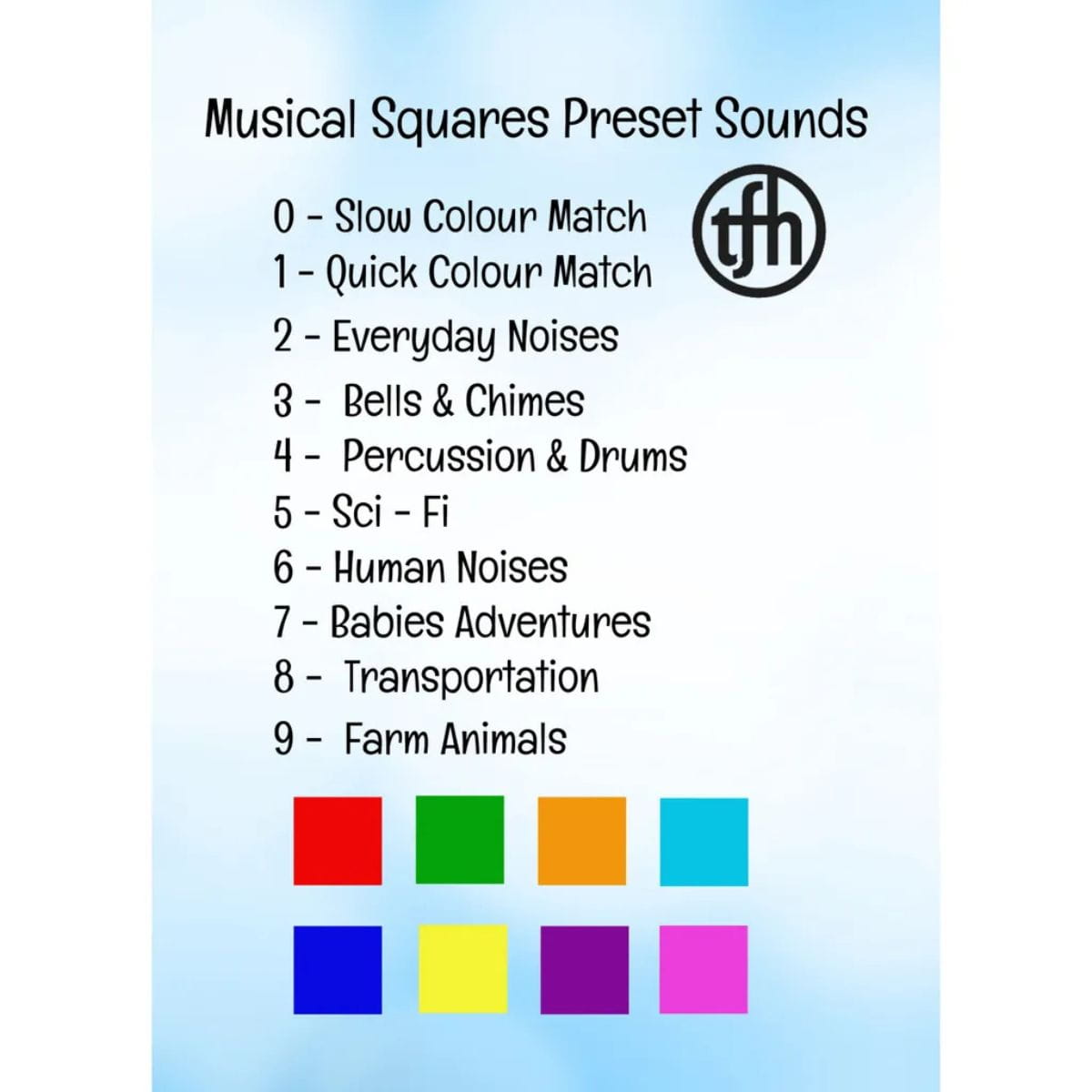 TFH Musical Squares Sensory Panel Preset Sound Board showing what each color does