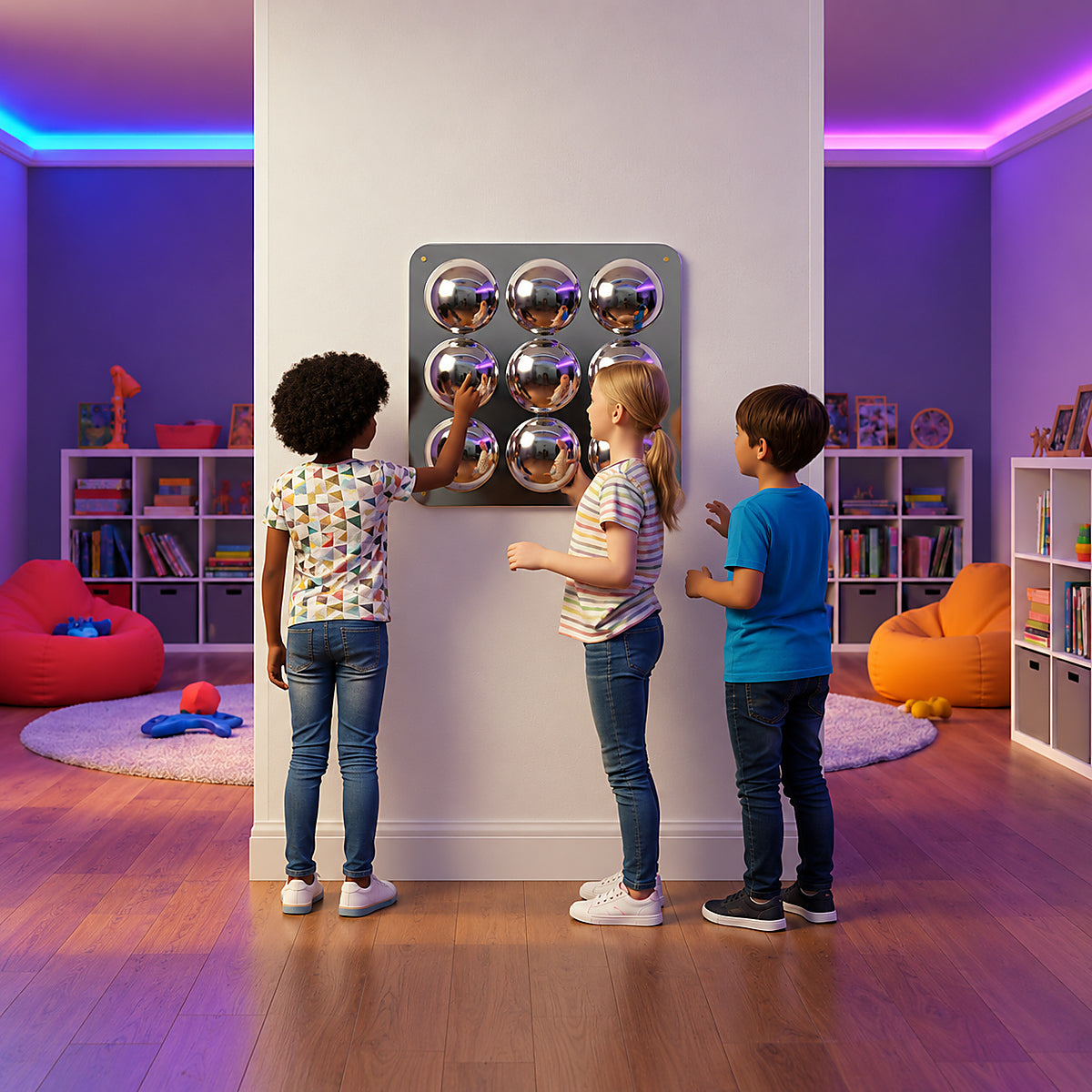 Three kids next to the 3 by 3 Bubble Wall Mirror Sensory Panels