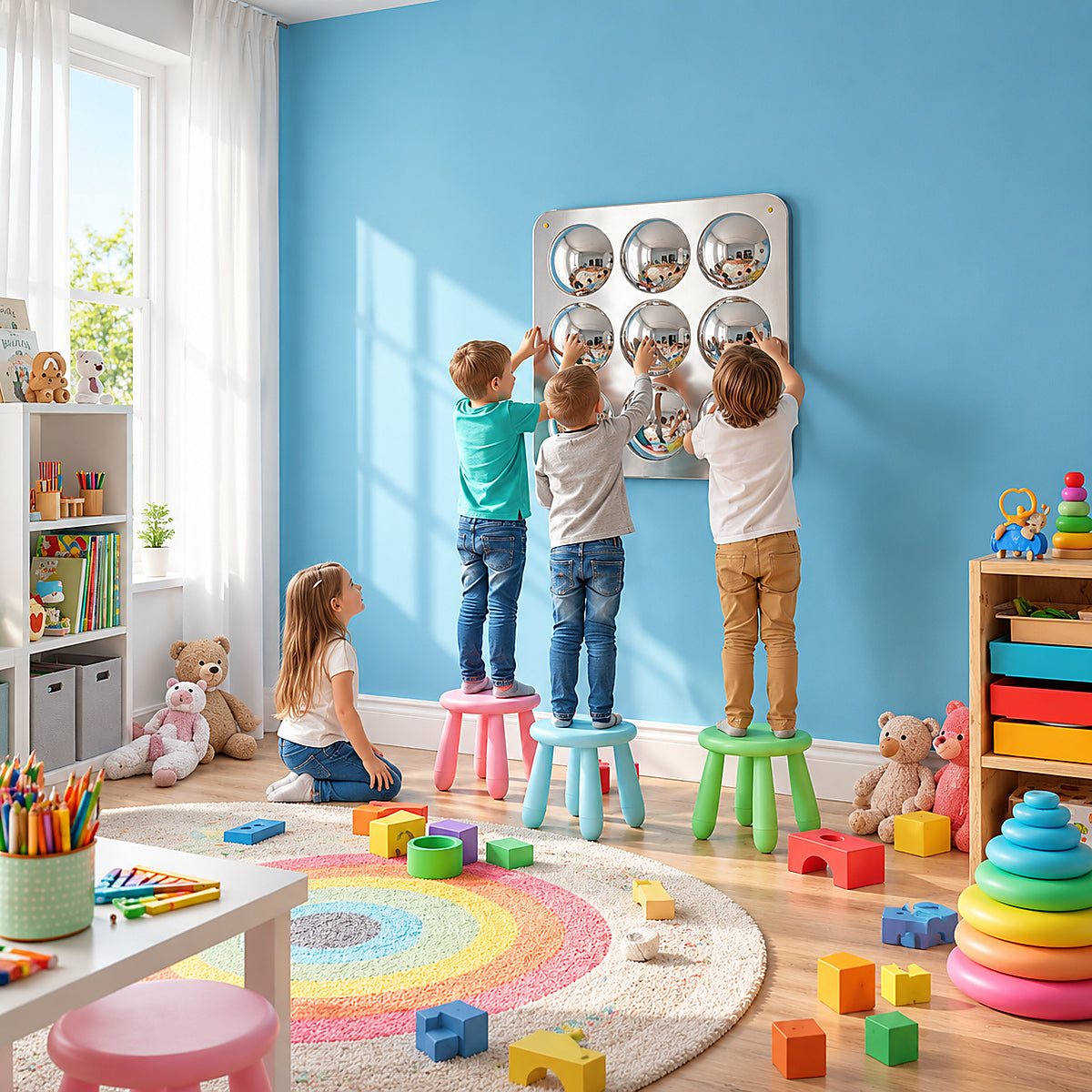 Three kids on stools with another on the floor touching the Bubble Wall Mirror Sensory Panels