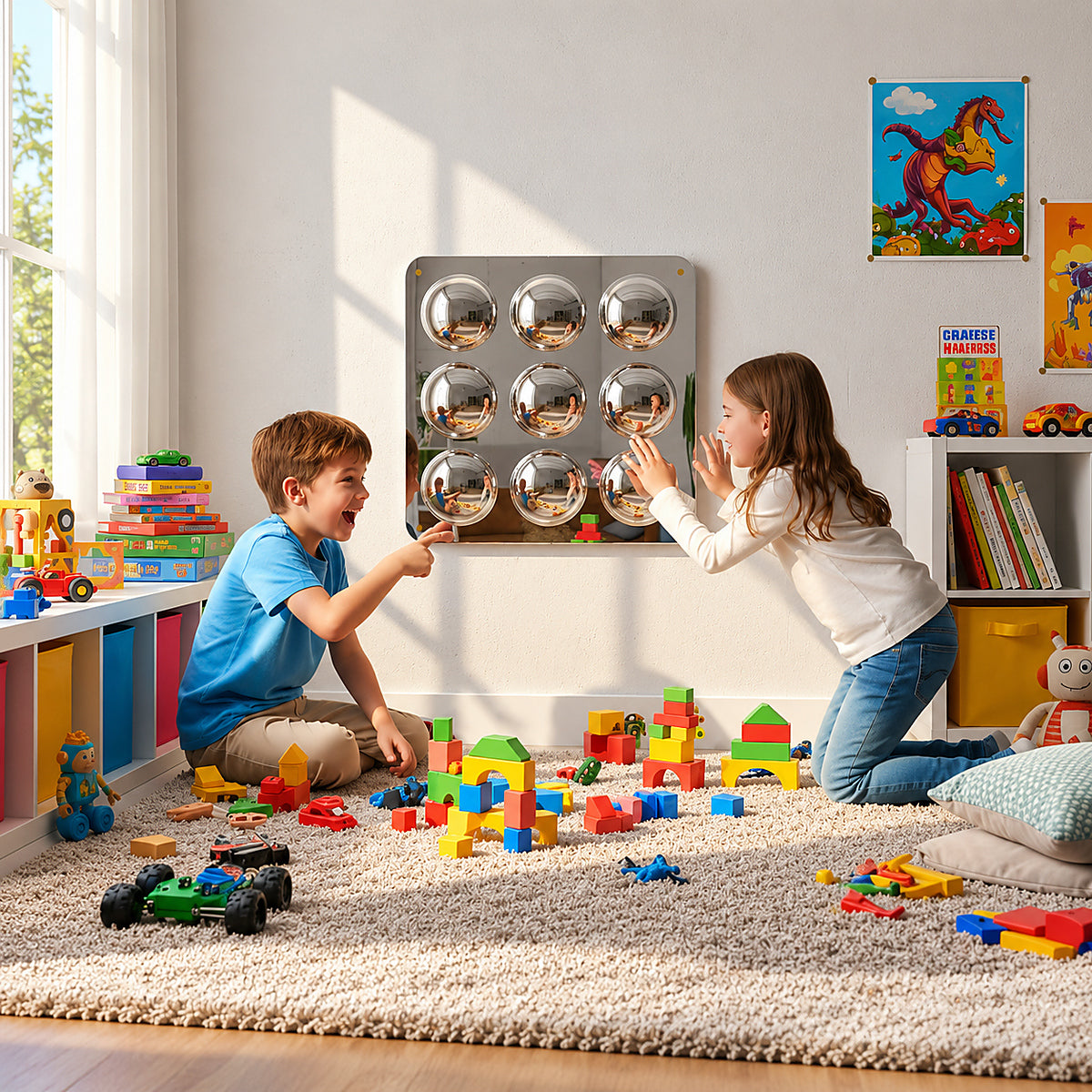 Two kids laughing and playing with the LiteZilla Bubble Wall Mirror Sensory Panels