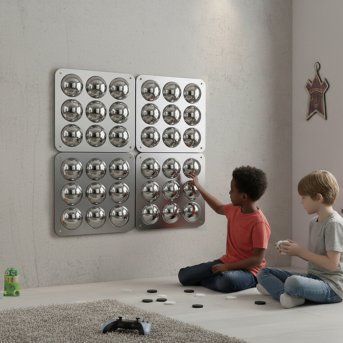 Two kids playing with four Bubble Wall Mirror Sensory Panels that have nine bubbles each on them