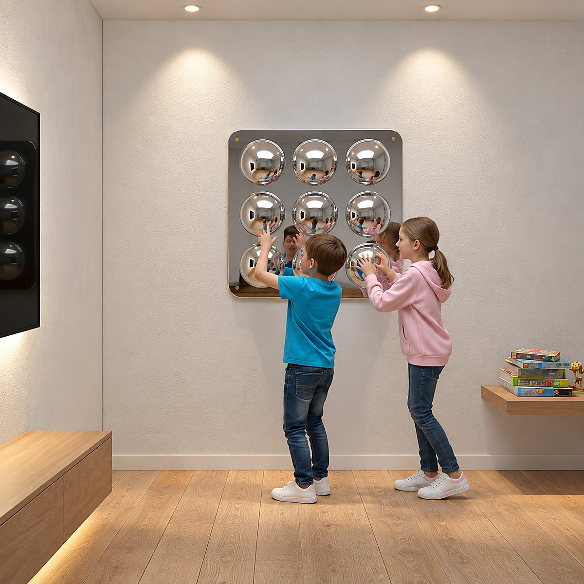 Two kids playing with the Bubble Wall Mirror Sensory Panel with nine bubbles on it