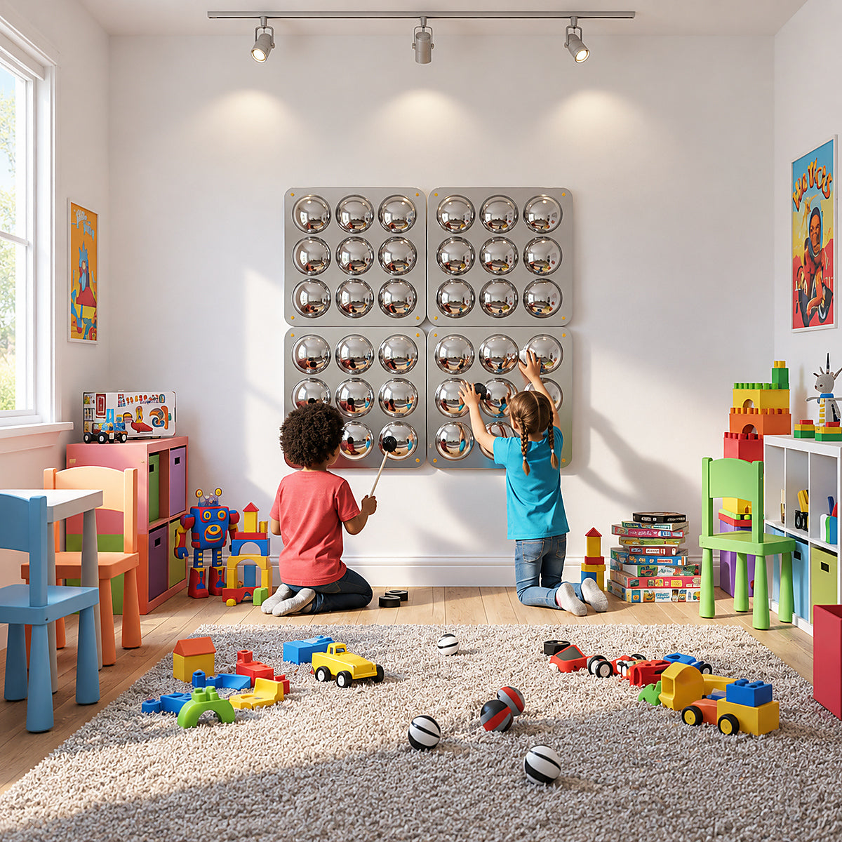 Two kids touching four panels of the three by three Bubble Wall Mirror Sensory Panels