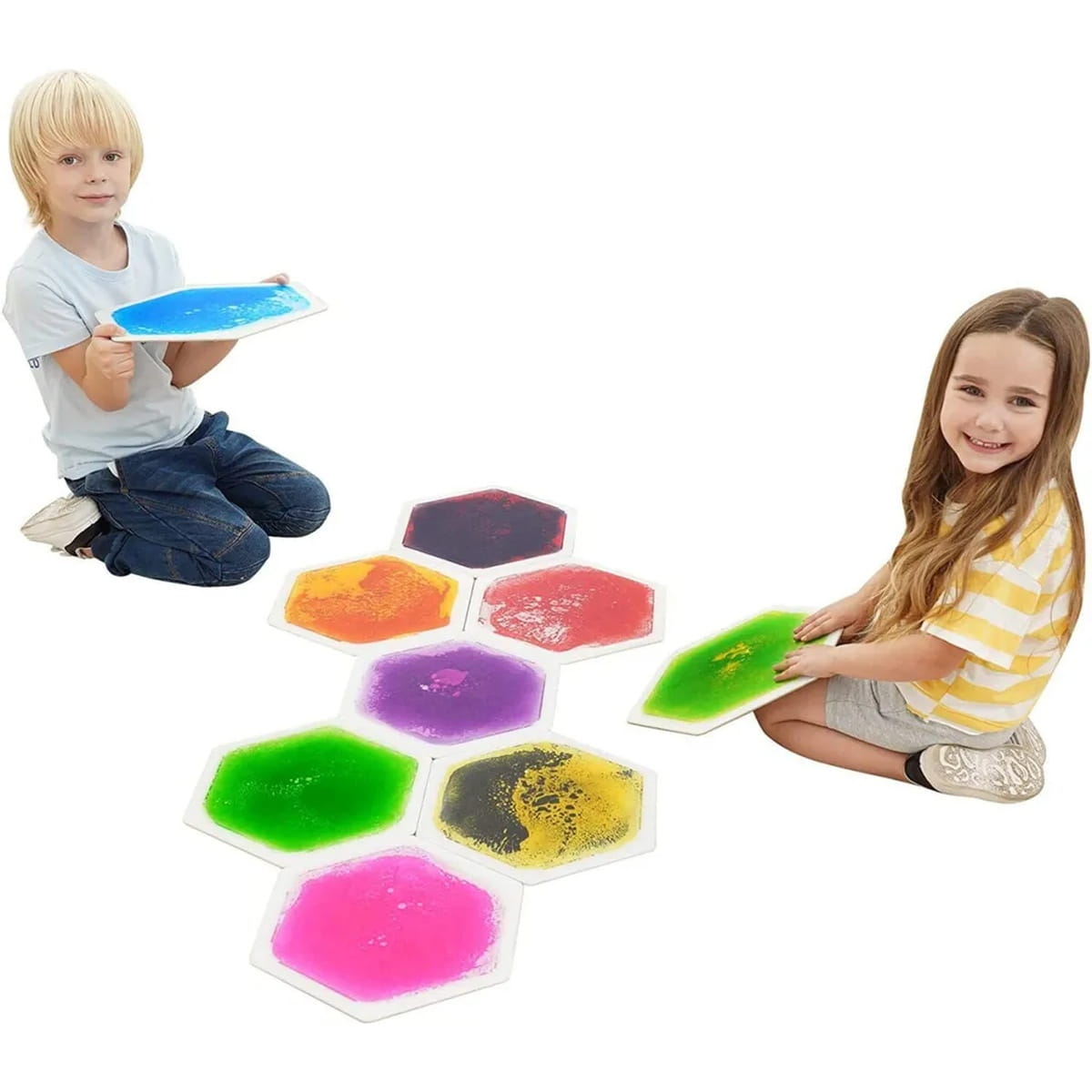 Two kids playing with the TFH Hexagon Liquid Sensory Floor Tiles