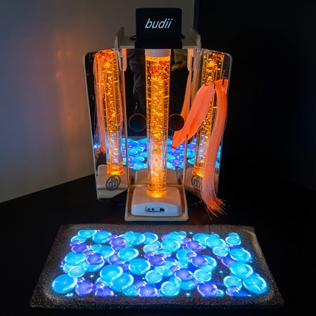VectaBudiiMobileSensoryCartwithbubblesimageonfloorandorangebubbletube